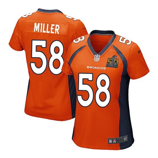 Nike Broncos 58 Von Miller Orange Women Super Bowl 50 Game Jersey