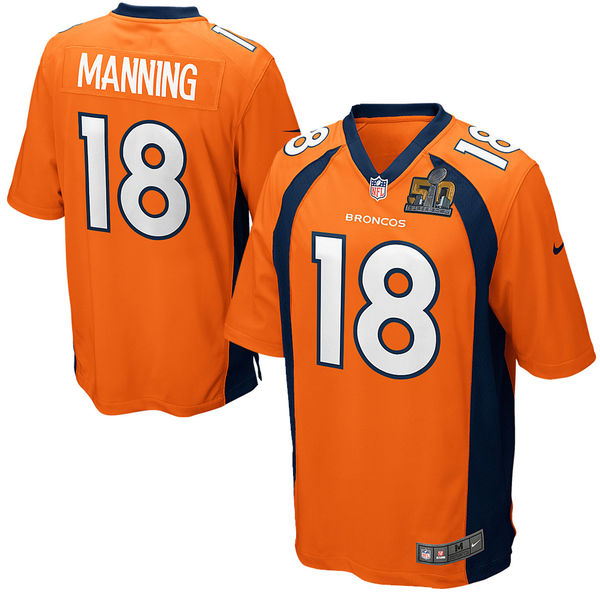 Nike Broncos 18 Peyton Manning Orange Youth Super Bowl 50 Game Jersey