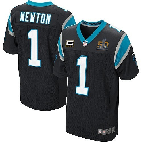 Nike Panthers 1 Cam Newton Black w C Patch Super Bowl 50 Elite Jersey