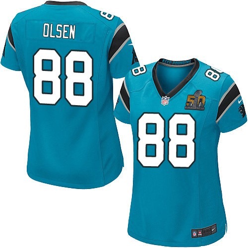 Nike Panthers 88 Greg Olsen Blue Women Super Bowl 50 Game Jersey