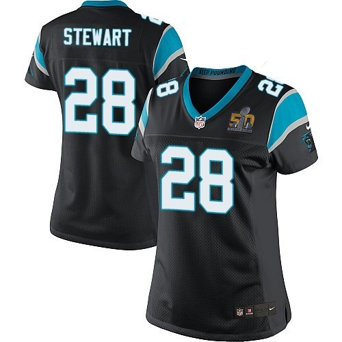 Nike Panthers 28 Jonathan Stewart Black Women Super Bowl 50 Game Jersey