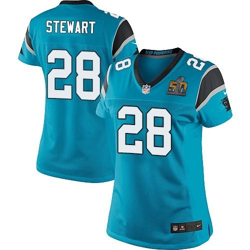 Nike Panthers 28 Jonathan Stewart Blue Women Super Bowl 50 Game Jersey