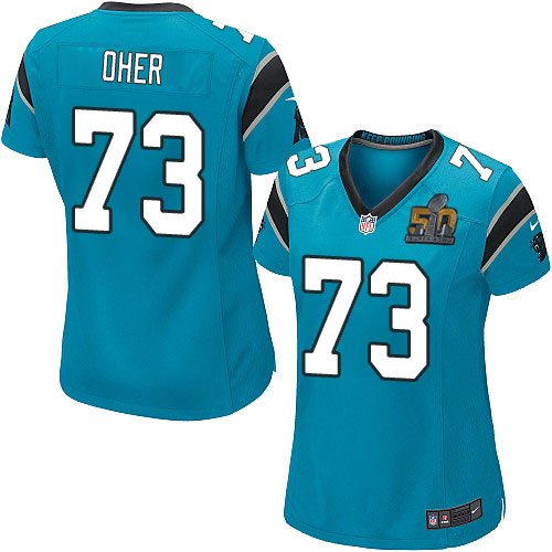 Nike Panthers 73 Michael Oher Blue Women Super Bowl 50 Game Jersey