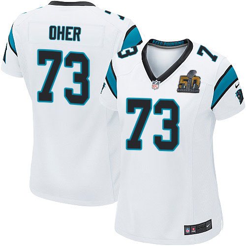 Nike Panthers 73 Michael Oher White Women Super Bowl 50 Game Jersey