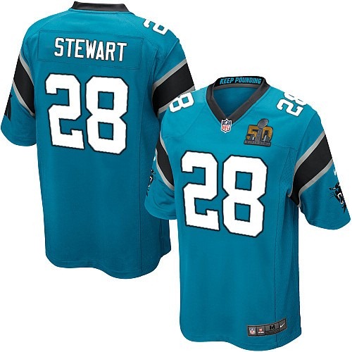 Nike Panthers 28 Jonathan Stewart Blue Youth Super Bowl 50 Game Jersey