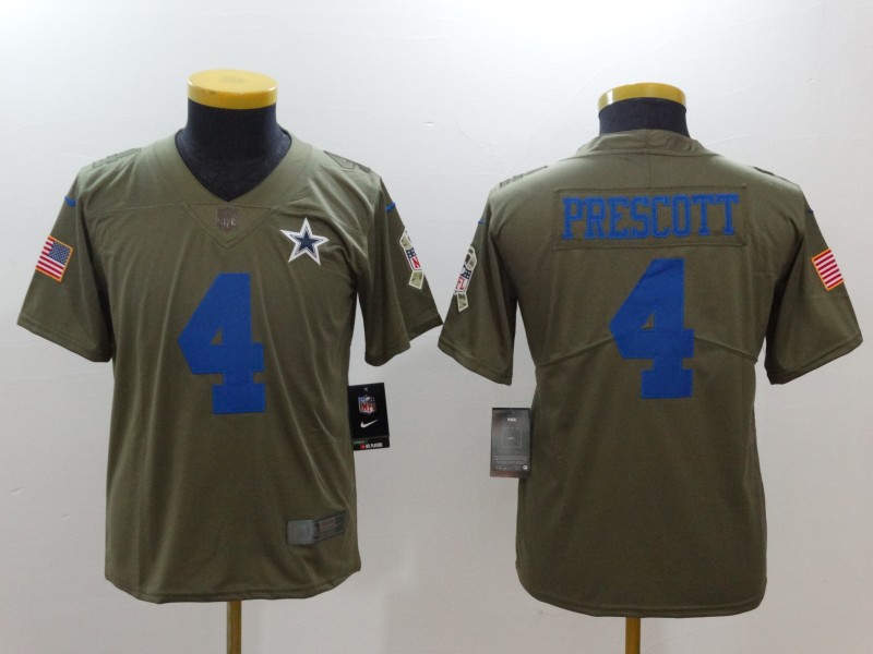 Nike Cowboys 4 Dak Prescott Youth Olive Salute To Service Limited Jersey - Click Image to Close