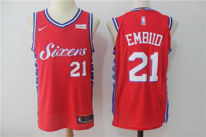 76ers 21 Joel Embiid Red Nike Authentic Jersey