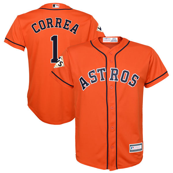 Astros 1 Carlos Correa Orange Youth 2017 World Series Bound Cool Base Player Jersey