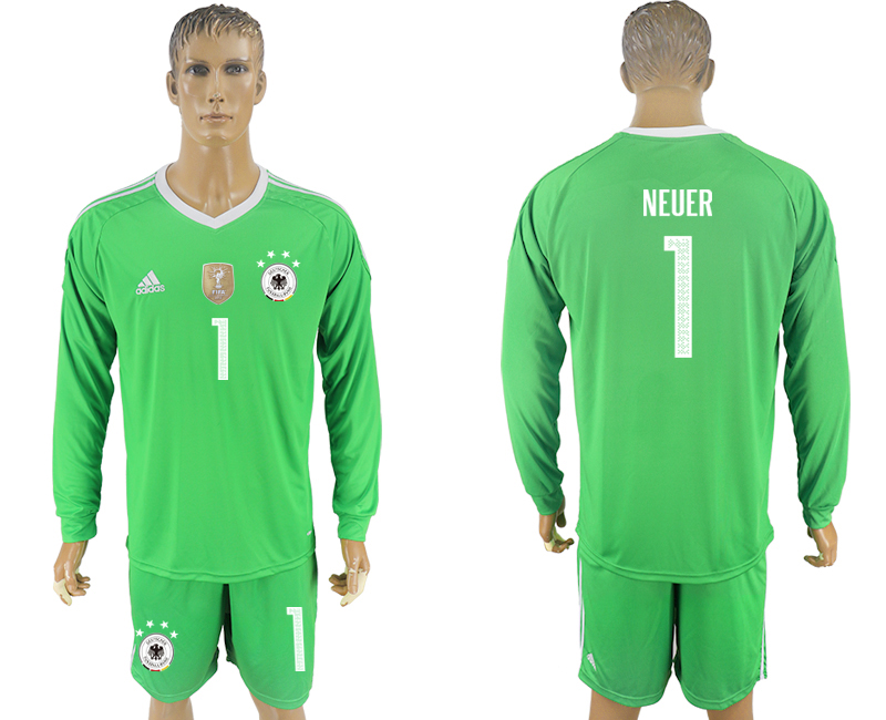 Germany 1 NEUER Green Goalkeeper 2018 FIFA World Cup Long Sleeve Soccer Jersey - Click Image to Close