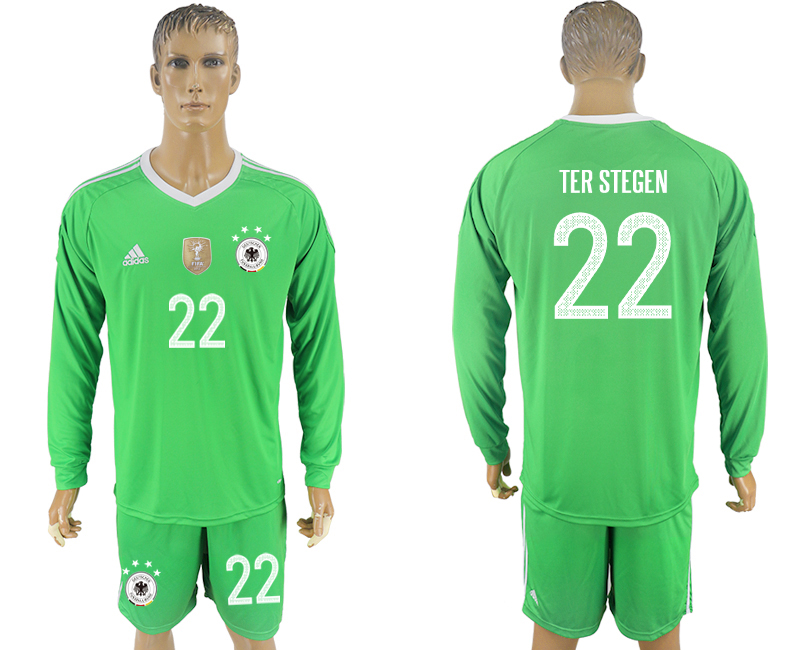 Germany 22 TER STEGEN Green Goalkeeper 2018 FIFA World Cup Long Sleeve Soccer Jersey