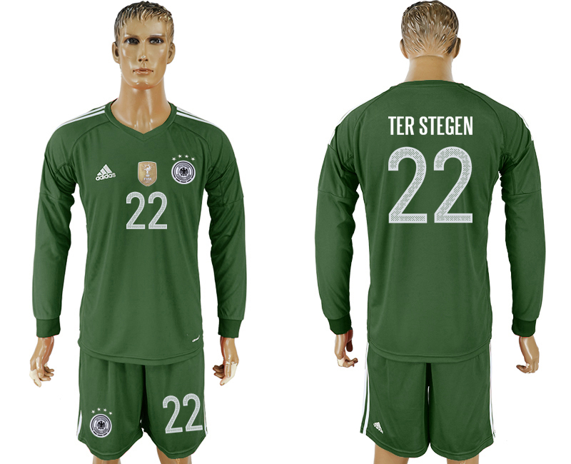 Germany 22 TER STEGEN Military Green Goalkeeper 2018 FIFA World Cup Long Sleeve Soccer Jersey