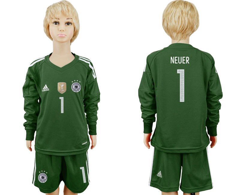 Germany 1 NEUER Green Goalkeepe 2018 FIFA World Cup Youth Long Sleeve Soccer Jersey - Click Image to Close