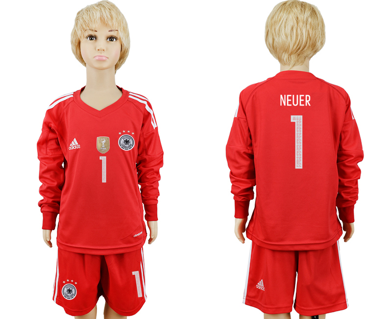 Germany 1 NEUER Red Goalkeeper 2018 FIFA World Cup Youth Long Sleeve Soccer Jersey - Click Image to Close