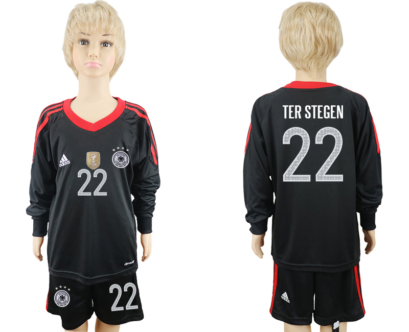 Germany 22 TER STEGEN Black Goalkeeper 2018 FIFA World Cup Youth Long Sleeve Soccer Jersey - Click Image to Close