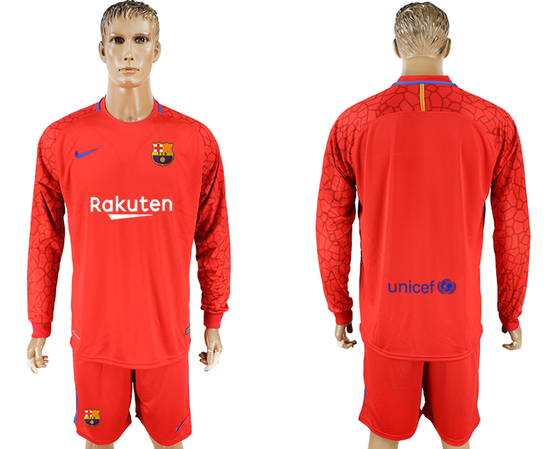 2017-18 Barcelona Red Goalkeeper Long Sleeve Soccer Jersey