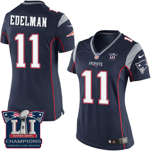 Nike Patriots 11 Julian Edelman Navy 2017 Super Bowl LI Champions Women Game Jersey