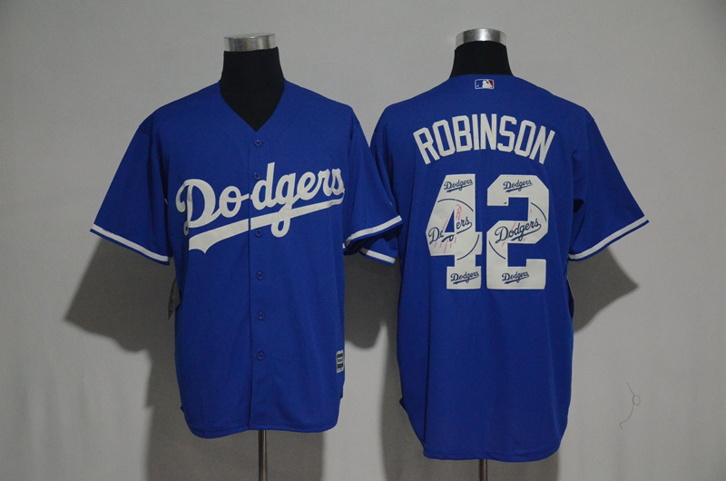 Dodgers 42 Jackie Robinson Blue Team Logo Print Cool Base Jersey