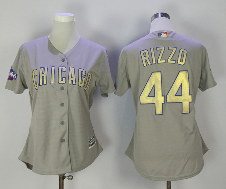 Cubs 44 Anthony Rizzo Gray Women World Series Champions Gold Program Cool Base Jersey
