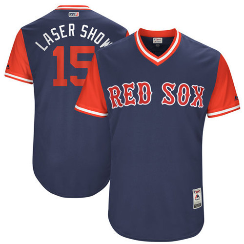 Red Sox 15 Dustin Pedroia Laser Show Majestic Navy 2017 Players Weekend Jersey - Click Image to Close