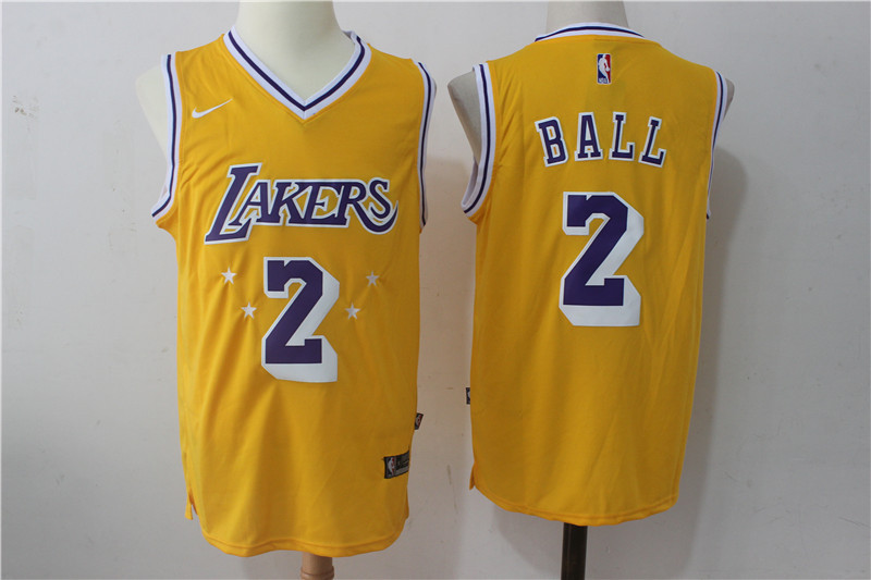 Lakers 2 Lonzo Ball Yellow w Purple Number Nike Jersey