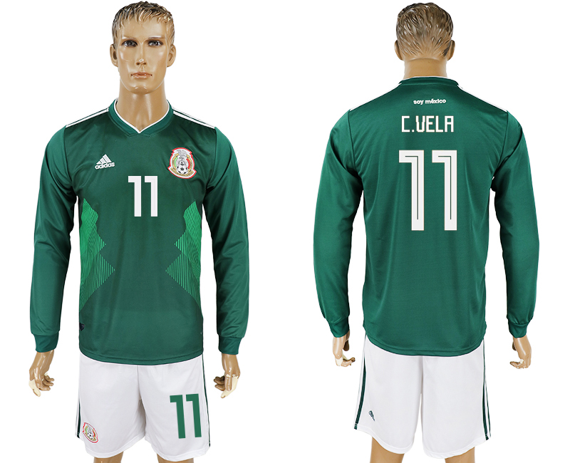 Mexico 11 C.VELA Home 2018 FIFA World Cup Long Sleeve Soccer Jersey