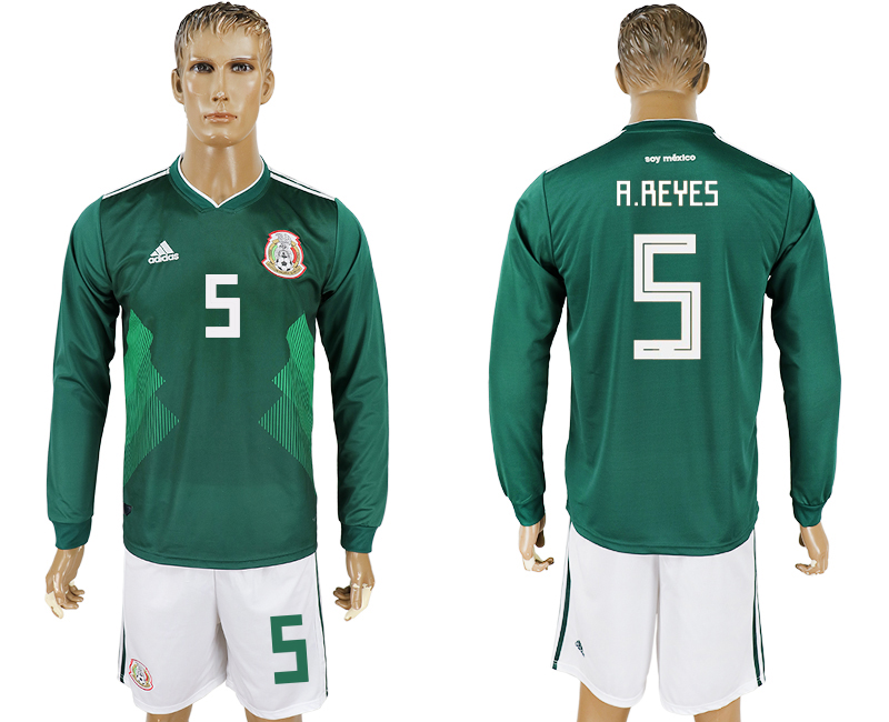 Mexico 5 A.REYES Home 2018 FIFA World Cup Long Sleeve Soccer Jersey