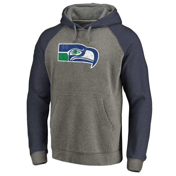 Men's Seattle Seahawks NFL Pro Line by Fanatics Branded Gray/Navy Throwback Logo Tri-Blend Raglan Pullover Hoodie