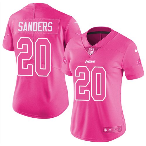 Nike Lions 20 Barry Sanders Pink Women Rush Fashion Limited Jersey