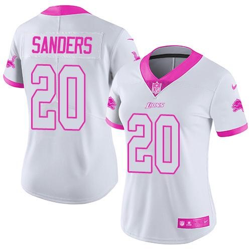 Nike Lions 20 Barry Sanders White Pink Women Rush Fashion Limited Jersey