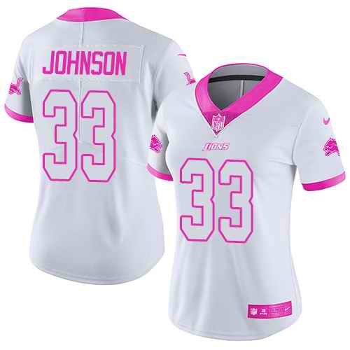 Nike Lions 33 Kerryon Johnson White Pink Women Rush Fashion Limited Jersey