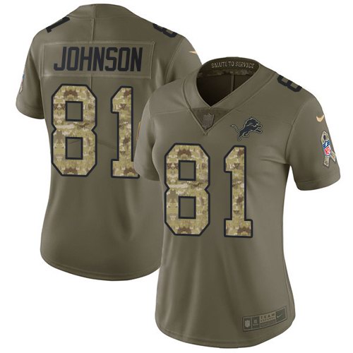 Nike Lions 81 Calvin Johnson Olive Camo Women Salute To Service Limited Jersey