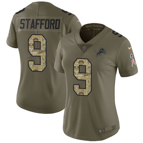 Nike Lions 9 Matthew Stafford Olive Camo Women Salute To Service Limited Jersey