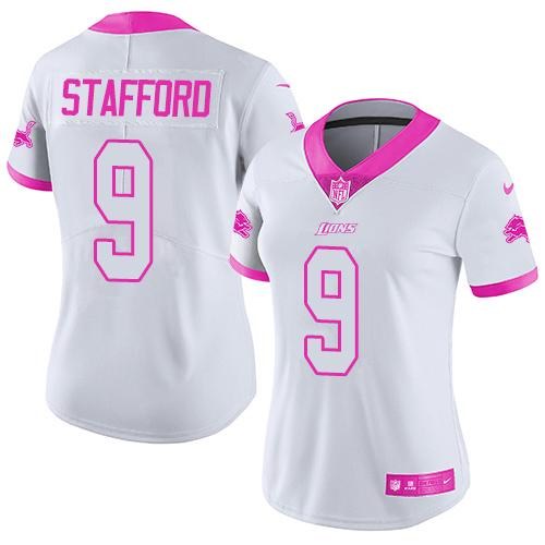 Nike Lions 9 Matthew Stafford White Pink Women Rush Fashion Limited Jersey