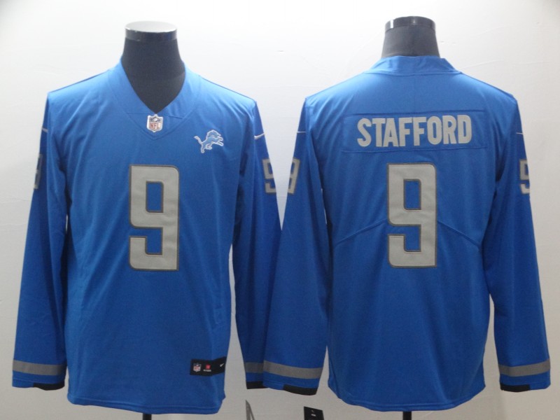 Nike Lions 9 Matthew Stafford Blue Therma Long Sleeve Jersey