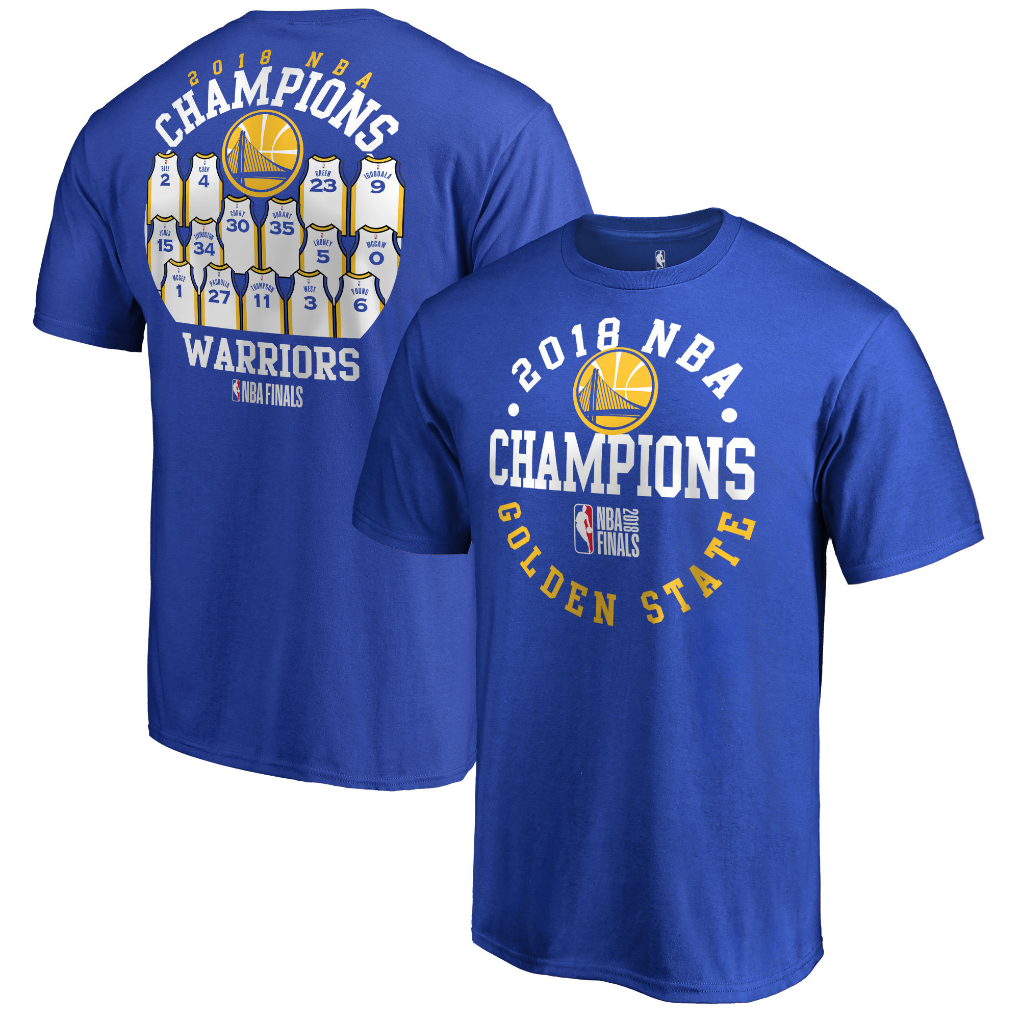 Golden State Warriors Fanatics Branded 2018 NBA Finals Champions Elevate the Game Jersey Roster T-Shirt Royal