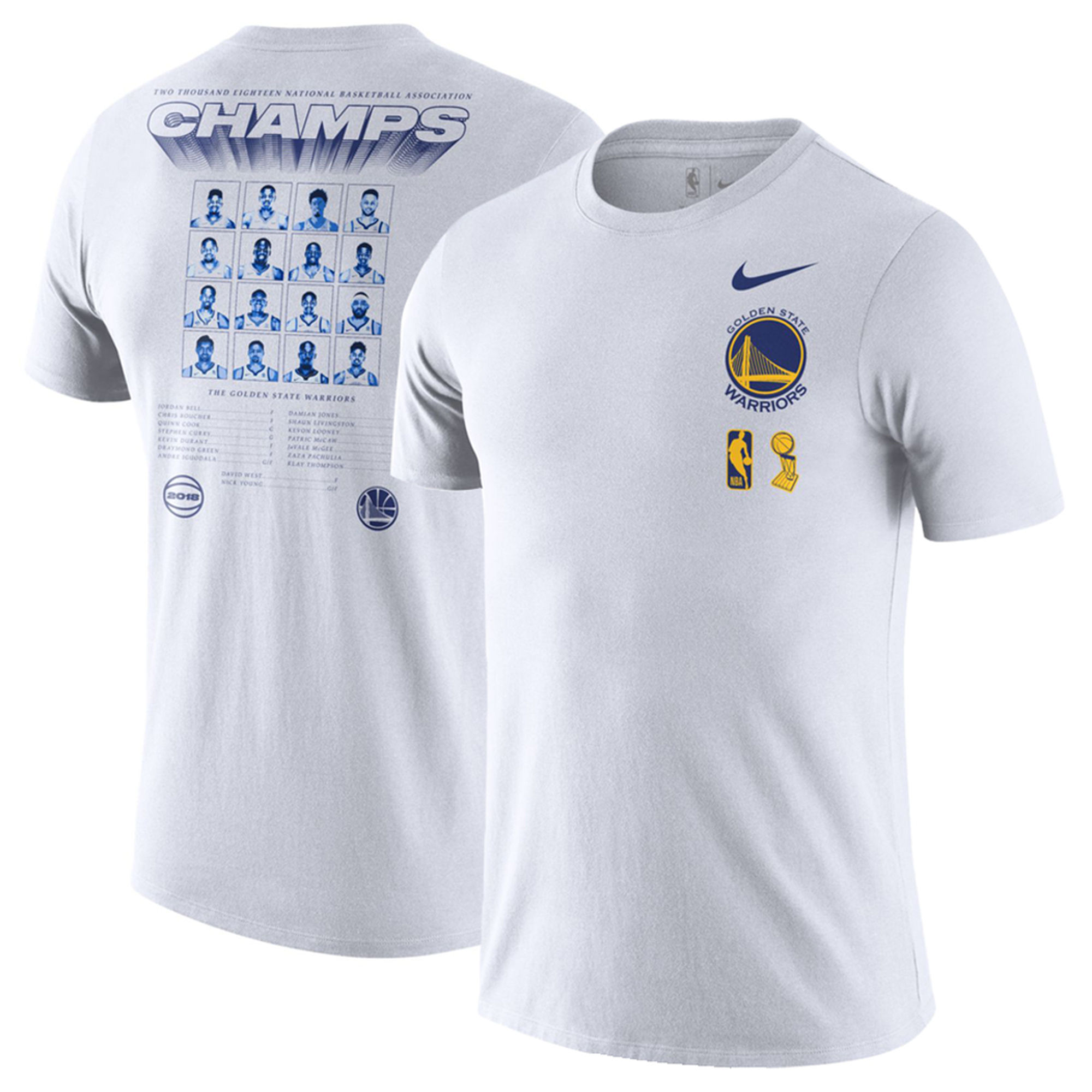 Golden State Warriors Nike 2018 NBA Finals Champions Team Roster Dri-Fit Cotton T-Shirt White - Click Image to Close