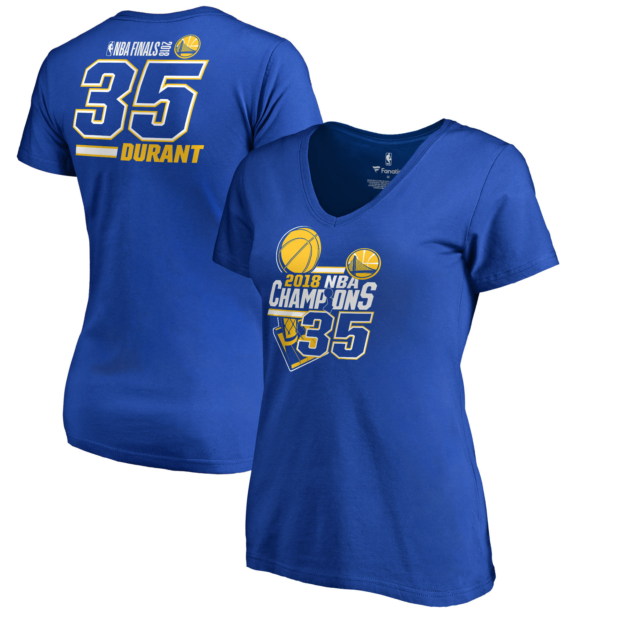 Golden State Warriors Kevin Durant Fanatics Branded Women's 2018 NBA Finals Champions Name and Number V-Neck T-Shirt Royal