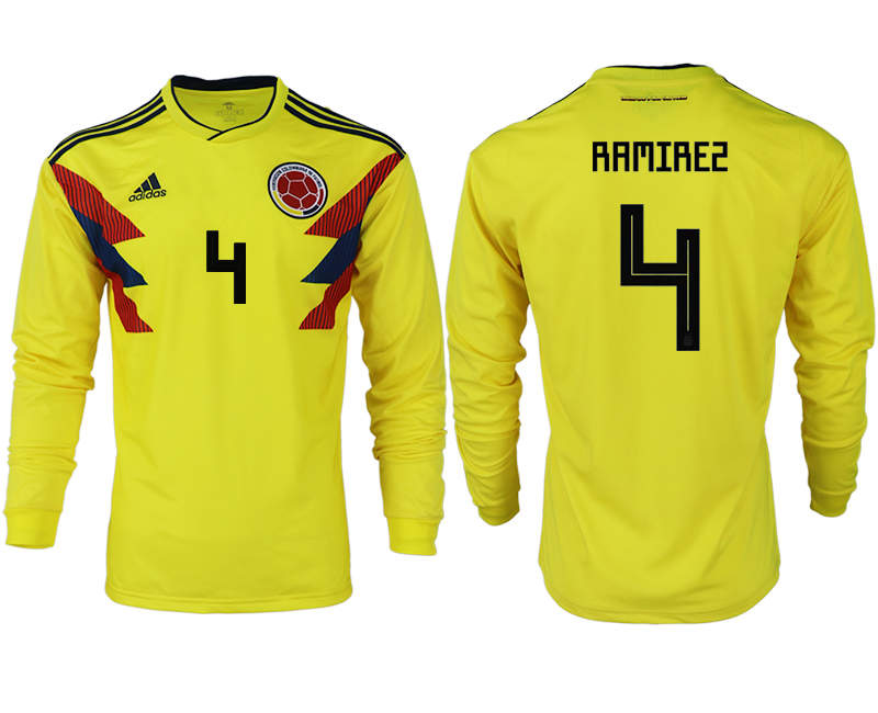 Colombia 4 RAMIREZ Home 2018 FIFA World Cup Long Sleeve Thailand Soccer Jersey - Click Image to Close