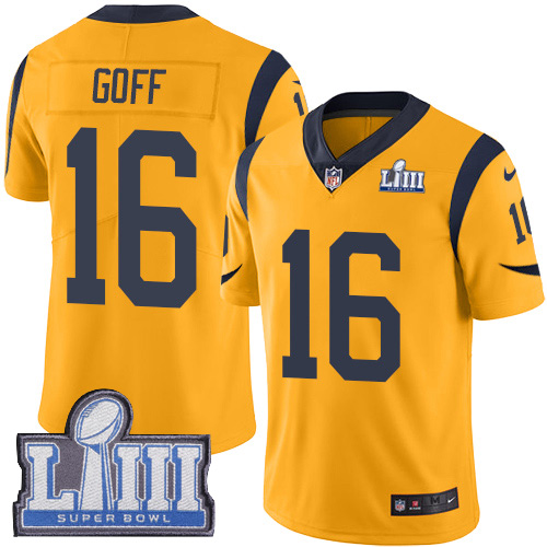 Nike Rams 16 Jared Goff Gold 2019 Super Bowl LIII Color Rush Limited Jersey