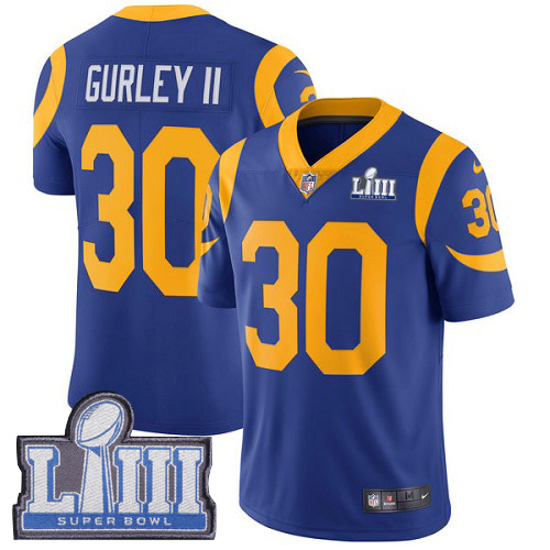 Nike Rams 30 Todd Gurley II Royal 2019 Super Bowl LIII Vapor Untouchable Limited Jersey - Click Image to Close