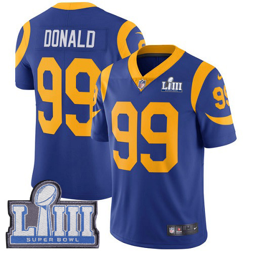 Nike Rams 99 Aaron Donald Royal 2019 Super Bowl LIII Vapor Untouchable Limited Jersey