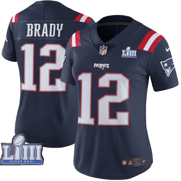 Nike Patriots 12 Tom Brady Navy Women 2019 Super Bowl LIII Color Rush Limited Jersey