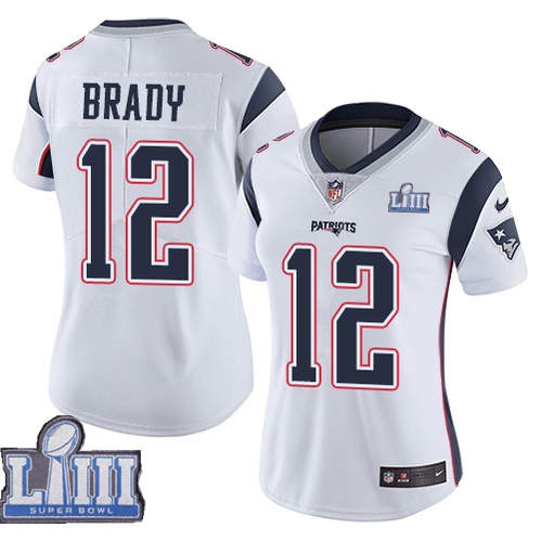 Nike Patriots 12 Tom Brady White Women 2019 Super Bowl LIII Vapor Untouchable Limited Jersey - Click Image to Close