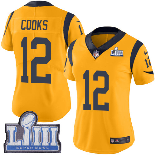 Nike Rams 12 Brandin Cooks Gold Women 2019 Super Bowl LIII Color Rush Limited Jersey