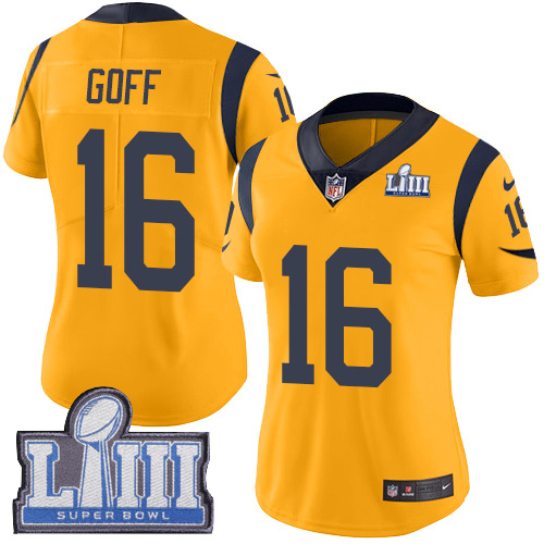 Nike Rams 16 Jared Goff Gold Women 2019 Super Bowl LIII Color Rush Limited Jersey