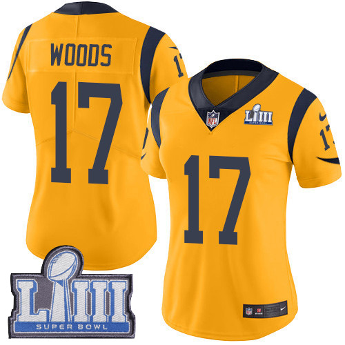 Nike Rams 17 Robert Woods Gold Women 2019 Super Bowl LIII Color Rush Limited Jersey