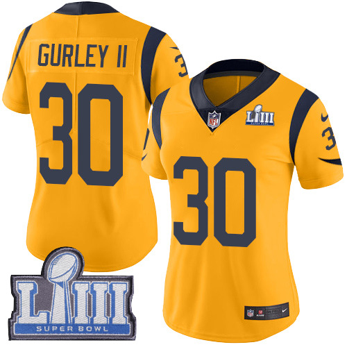 Nike Rams 30 Todd Gurley II Gold Women 2019 Super Bowl LIII Color Rush Limited Jersey
