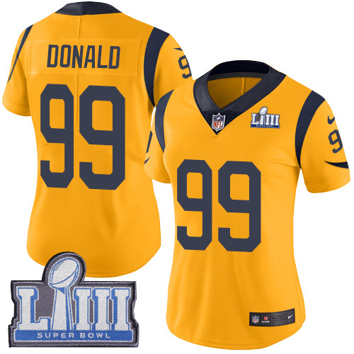 Nike Rams 99 Aaron Donald Gold Women 2019 Super Bowl LIII Color Rush Limited Jersey