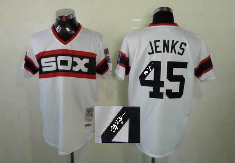 White Sox 45 Jenks White Throwback Signature Edition Jerseys