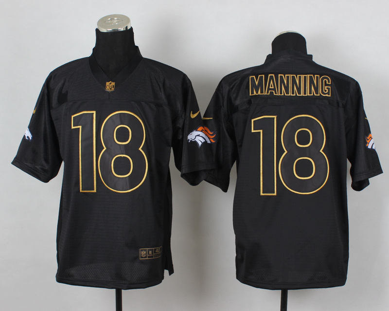 Nike Broncos 18 Manning Black Elite 2014 Pro Gold Lettering Fashion Jerseys